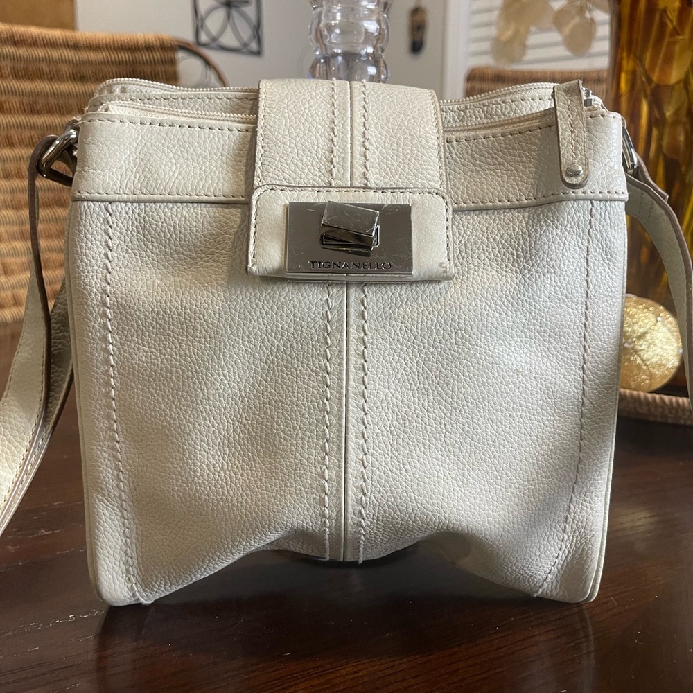 Tignanello Off White Pebbled Leather Organizer Crossbody